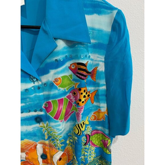 Diane Gilman Blue Tropical Fish Print Short Sleeve Silk Top SZ Medium - Picture 4 of 9